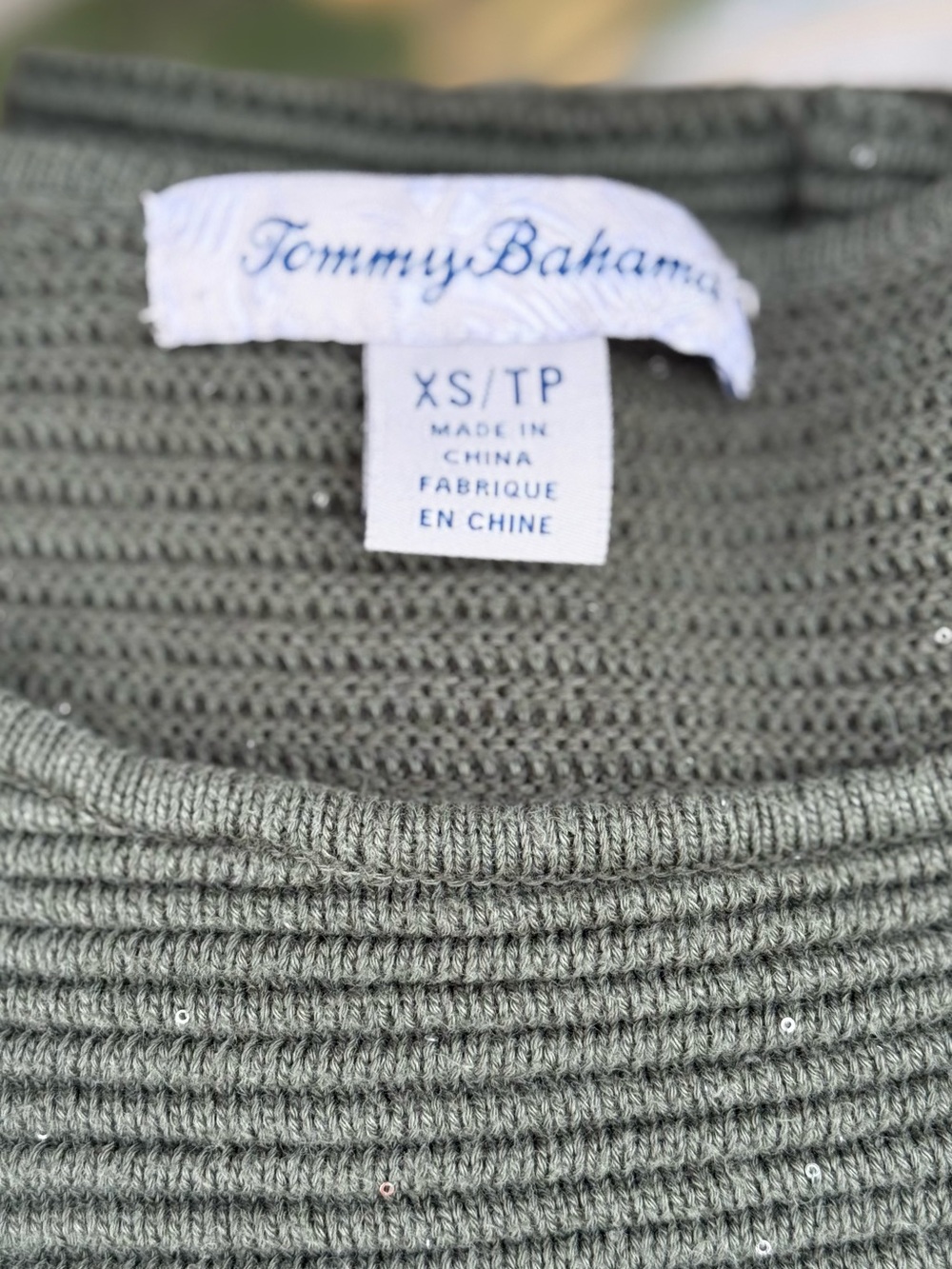 Tommy Bahama Olive Green Ribbed Knit Sweater with Subtle Sequins